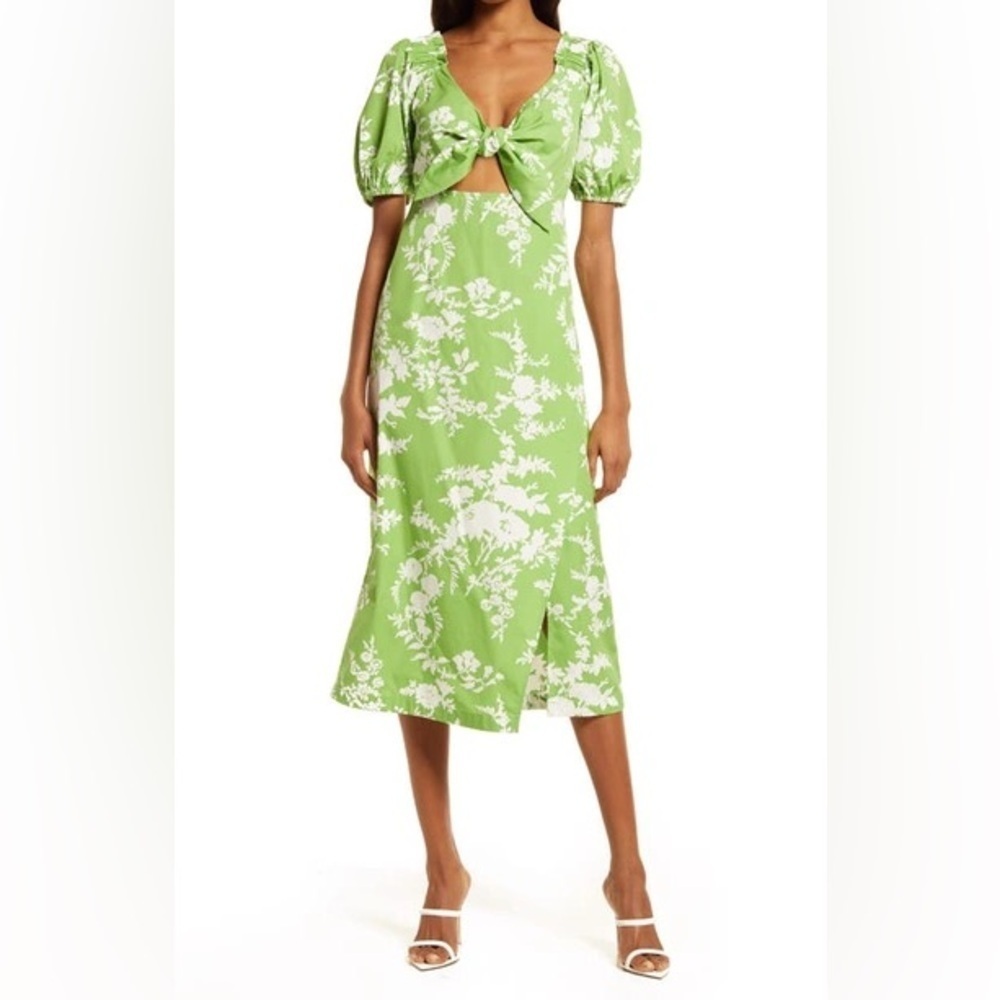 Chelsea28 Green Ivory Floral Tie Front Midi Dress Puff Sleeves Women’s Size M